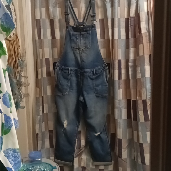 FINAL PRICE INDIGO BLUE cotton blue denim distressed overalls w elastic sides - Picture 2 of 16